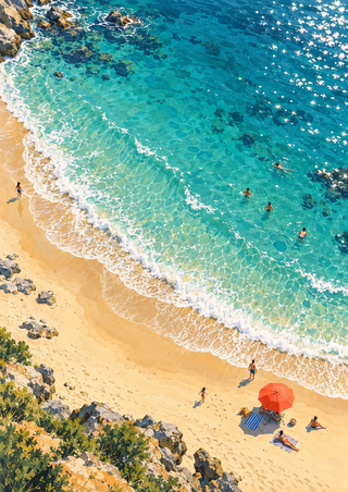 A high-angle view of turquoise sea washing onto golden sand, with a curling foam line, tiny beachgoers and a coral-red parasol.