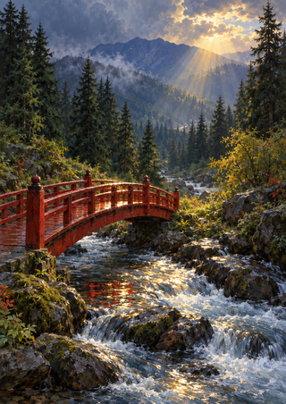 Red wooden footbridge crossing a rocky mountain stream, with pine forest, blue mountain ridge, and warm sunlight breaking through clouds.