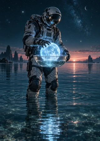 A helmeted astronaut stands in reflective water holding a glass basin with a glowing blue sphere beneath a dark teal sky.