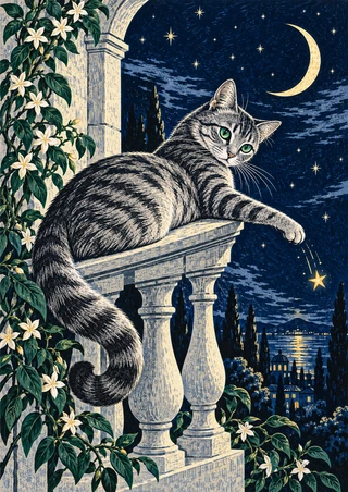 Silver-gray tabby cat reaches toward a glowing golden star from a stone balcony beneath a crescent moon and starry sky.