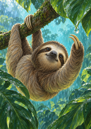 A curled sloth reaches toward a dangling raindrop on a broad leaf beneath a mossy branch, framed by rainy green foliage and turquoise light.