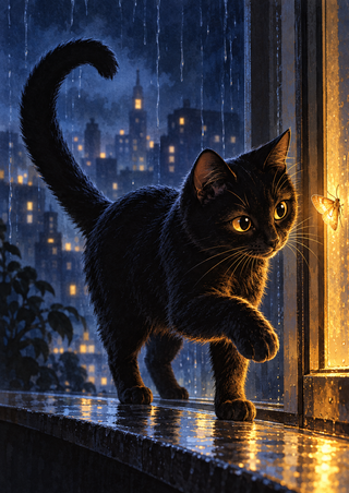 A black cat with an arched tail lifts a paw toward a glowing moth on a rainy windowsill, with an indigo city skyline and amber light behind it.