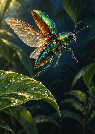 Metallic green, turquoise, and copper beetle with translucent wings above a dew-covered leaf in dark foliage.
