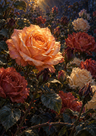 Apricot rose in bloom among coral, cream, and dark roses, buds, and foliage with warm light and cool shadows.