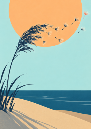 Dark coastal grass bending across an apricot sun as feathery seeds drift over turquoise sea and pale sand.