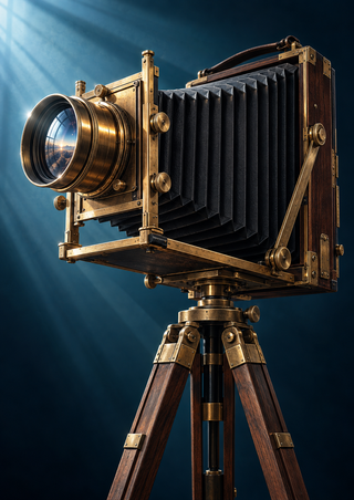 Brass field camera with extended black bellows and reflective lens on a wooden tripod, lit against a dark teal and navy background.