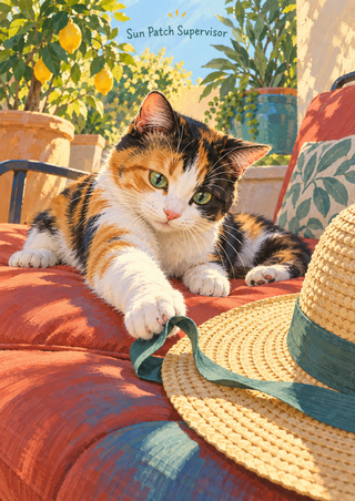 Calico cat reaching for a teal ribbon on a woven straw hat while reclining on a terracotta cushion among patio plants.