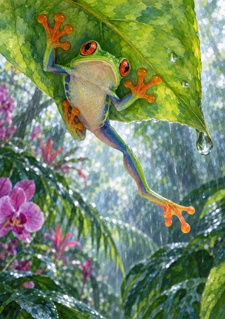 Vivid green red-eyed tree frog with orange toe pads beneath a rain-beaded tropical leaf, surrounded by foliage and pink flowers.