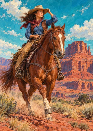 Adult woman in a broad hat riding a chestnut horse through red-rock terrain beneath a turquoise sky.