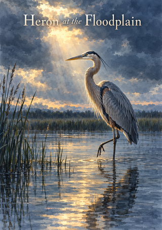 Blue-gray heron standing in reflective marsh water beneath a bright opening in storm clouds, with reeds at left and a title above.