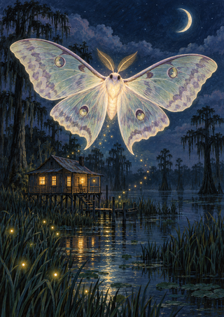 Large pale moth with spread patterned wings hovering above a warmly lit stilt cabin in a moonlit marsh among reeds and cypress silhouettes.