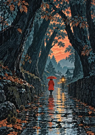 A small figure in a vermilion coat carries a red umbrella along a wet stone lane between dark trees, toward a glowing lantern.