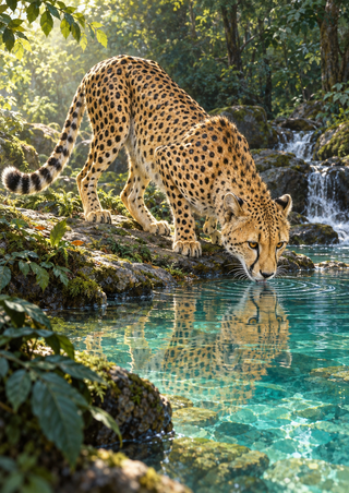 A spotted adult cheetah crouches at a turquoise forest pool, lowering its muzzle toward the water as its body and long tail reflect below.