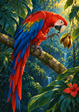 Scarlet-and-blue macaw perched on a diagonal branch, leaning toward a hanging seed pod among tropical leaves.