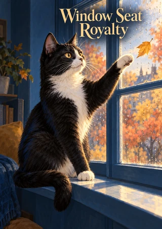 Black-and-white tuxedo cat reaching toward a golden leaf outside a rain-speckled window, beneath “Window Seat Royalty” lettering.