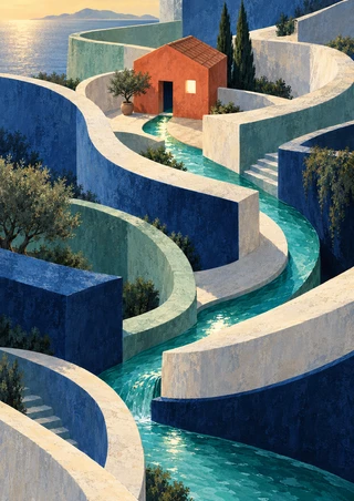 Small coral-red house among curved blue, green, and cream terraces, with a turquoise stream winding toward the foreground.