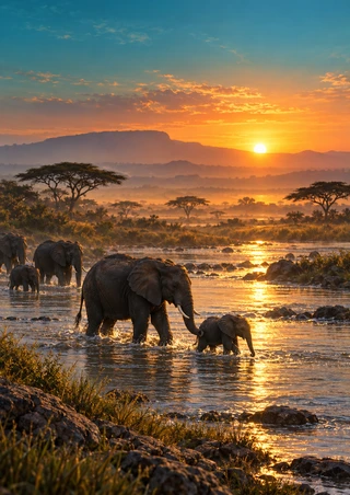Adult elephant and calf crossing a reflective river at sunrise, with other elephants, distant acacias, and rocky banks.