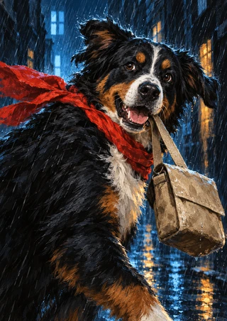 Black-and-tan long-haired dog in a red scarf gripping a pouch strap in a rainy, blue-lit city alley.