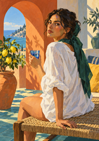 Adult woman in a white blouse and green scarf holding a small blue glass on a woven bench beneath a terracotta arch, with lemons and a coastal view.