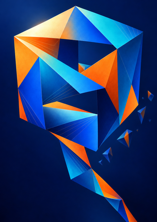 Hollow angular geometric structure of cobalt, turquoise, and orange facets with a descending extension against a deep ink-blue background.