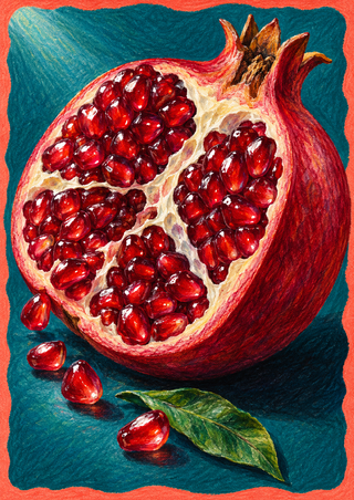 Cut-open pomegranate with ruby arils and pale membranes on a deep teal background, framed by a coral border with loose seeds and a green leaf.