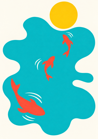 Three coral-red fish swimming in a scalloped turquoise pool beneath a saffron-yellow sun, with white ripple marks on an off-white background.