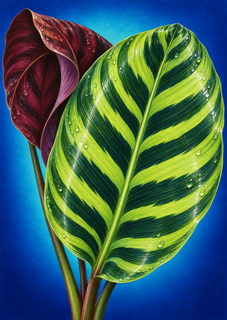 Large lime-and-emerald patterned leaf with a curled burgundy leaf behind it, rising against a saturated blue background.