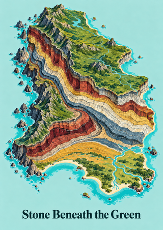 A detailed fictional island cutaway with green terrain, rivers, sweeping colored strata, turquoise water, and the title Stone Beneath the Green.