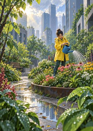 Gardener in a yellow raincoat watering a colorful flower bed beside reflective paving and tall buildings.
