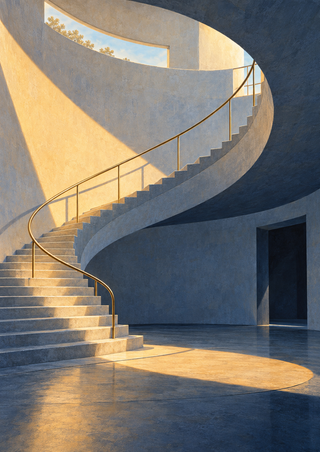 Curving concrete staircase with a slim brass-toned rail in a sunlit pavilion, above a dark doorway.