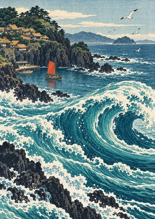 Turquoise curling wave beside a rocky coastal village, red-sailed fishing boat, and white seabirds.