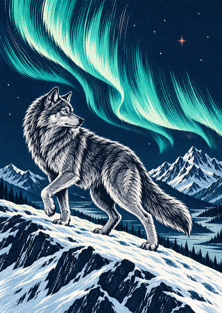 A grey wolf strides on a snowy ridge beneath turquoise northern lights, pointed mountain peaks, and a small coral star.