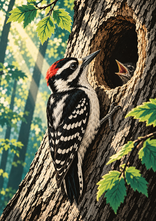 Red-crowned black-and-white woodpecker clinging beside a dark tree hollow with a chick visible inside, framed by leaves and forest.