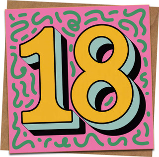 18th Birthday Card – Bold Retro Number Design, Pink and Yellow – 145mm x 145mm Greeting Card with Kraft Envelope – Fun Teen Milestone Card for Him or Her