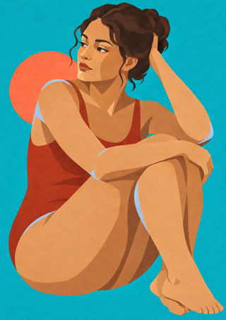 A clothed adult woman sits with her knees drawn up against a turquoise background and coral disk.