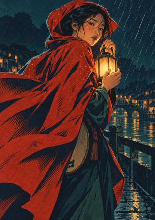 A woman in a vermilion hooded cape holds a glowing lantern in rain beside a bridge and illuminated waterside buildings.