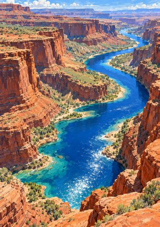A cobalt-blue river curves through a red-orange sandstone canyon with green banks, distant mesas, and pale sky.
