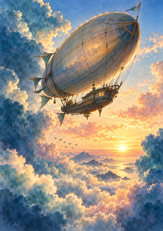 A pale balloon-envelope airship with a suspended gondola flies across indigo clouds above a glowing sunrise, with birds and distant mountains below.