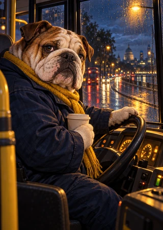 Bulldog in a dark driver’s jacket and mustard scarf holding a cup at a bus console, with rain-speckled windows and city lights behind him.