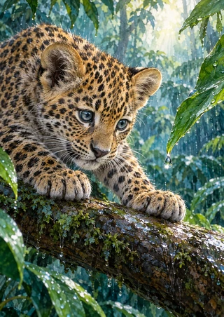 Young spotted leopard cub crouching on a wet branch and looking toward a droplet hanging from a leaf amid dense green foliage.