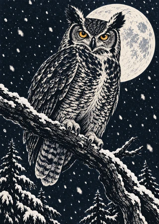 A tufted black-and-white owl with amber eyes perches on a snowy branch before a pale full moon as snow falls.