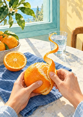 Two hands peel a ripe orange beside a glass of sparkling water on a sunlit table, with a blue cloth and bowl of oranges.