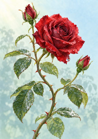 Open crimson rose with two buds on a thorned green stem, covered in rain droplets against a pale blue-green background.