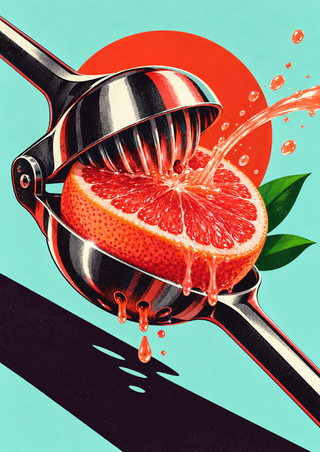 Ruby grapefruit half in a metal citrus press with juice spraying upward against a pale aqua background.