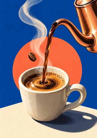 Coffee pours from a copper gooseneck kettle into a cream espresso cup beneath rising steam, with a coffee bean in midair.