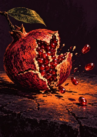 A split pomegranate with glossy red seeds and a leaf, scattering loose seeds across rough stone in orange light.