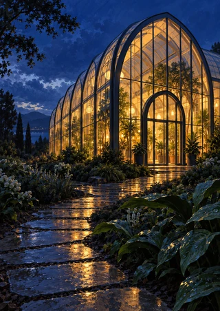 Warmly lit arched glasshouse at blue hour, with a wet stone path curving through a lush garden beneath a deep indigo sky.