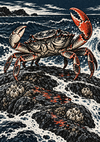 Large crab with raised claws on dark wave-washed rock, amid foamy surf and barnacles, in ink blue, shell white, and vermilion.