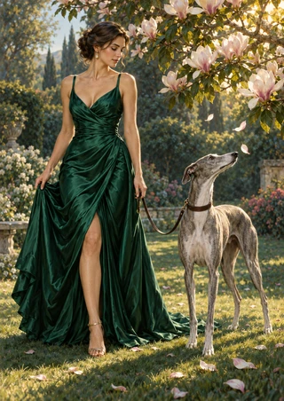 Adult woman in a long emerald gown walking a slender greyhound beneath flowering magnolias in a garden.