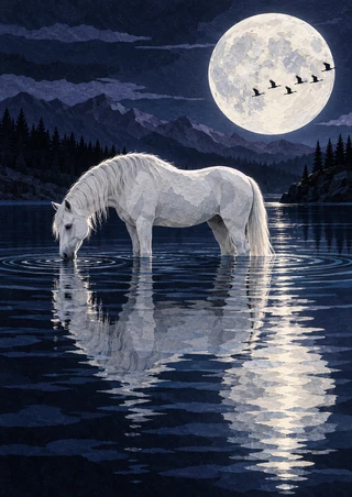 White horse touching a dark lake beneath a bright moon, with birds, mountain shore, and a rippled reflection.